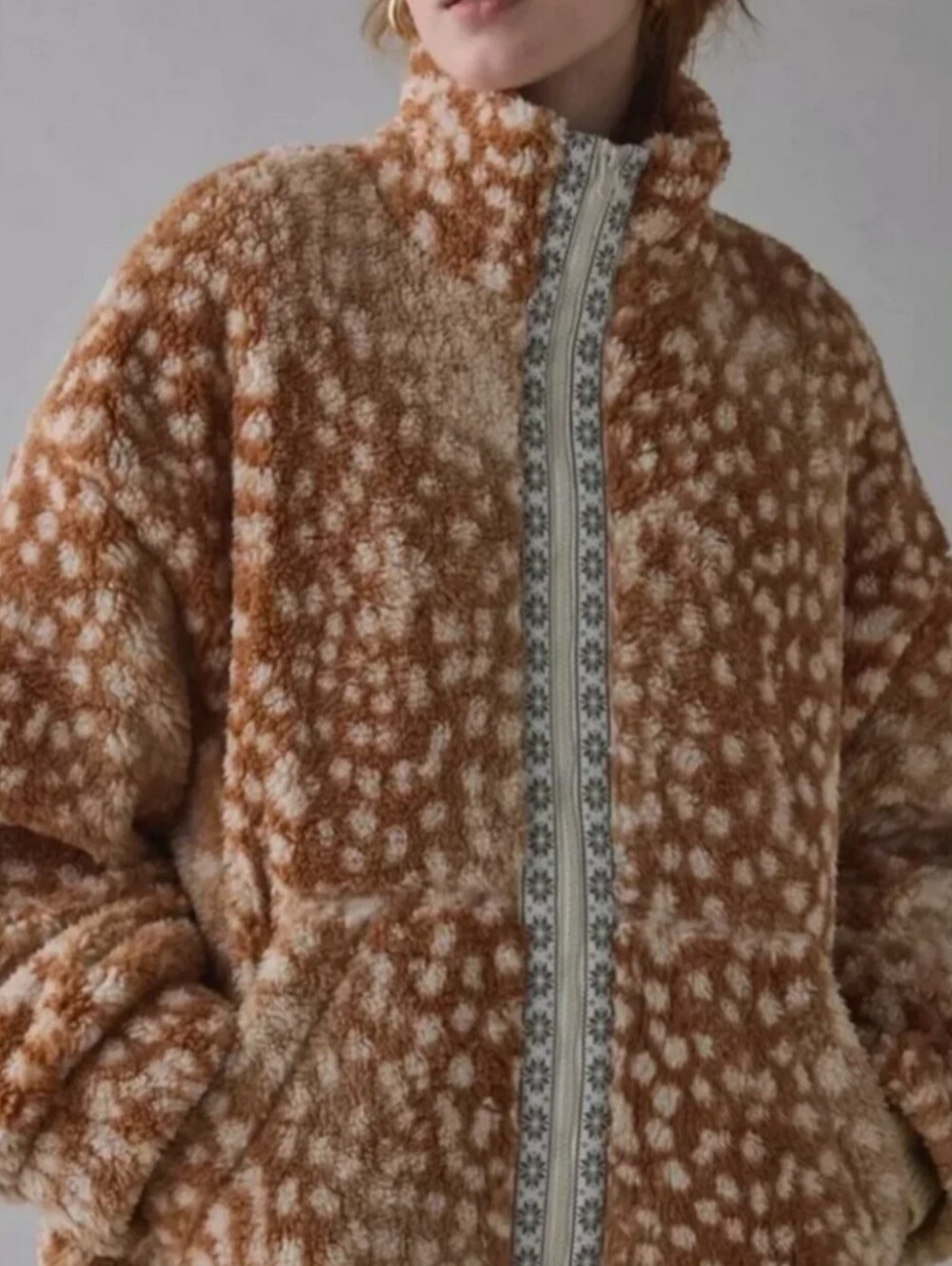 BDG Mae Piled Fleece Zip- Up Jacket, Fawn Print